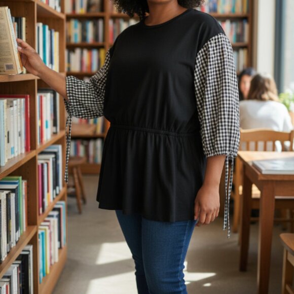 Eloquii Shirt Blouse Plus Size 18/20 Gingham Sleeve Black White Drawstring Waist - Picture 1 of 9